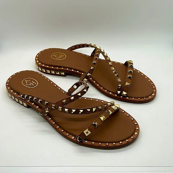 ASH Leather Brown Gold Metal Studded Flip Flop Shoes **Size 37/US Size 6.5-7** - Picture 2 of 5